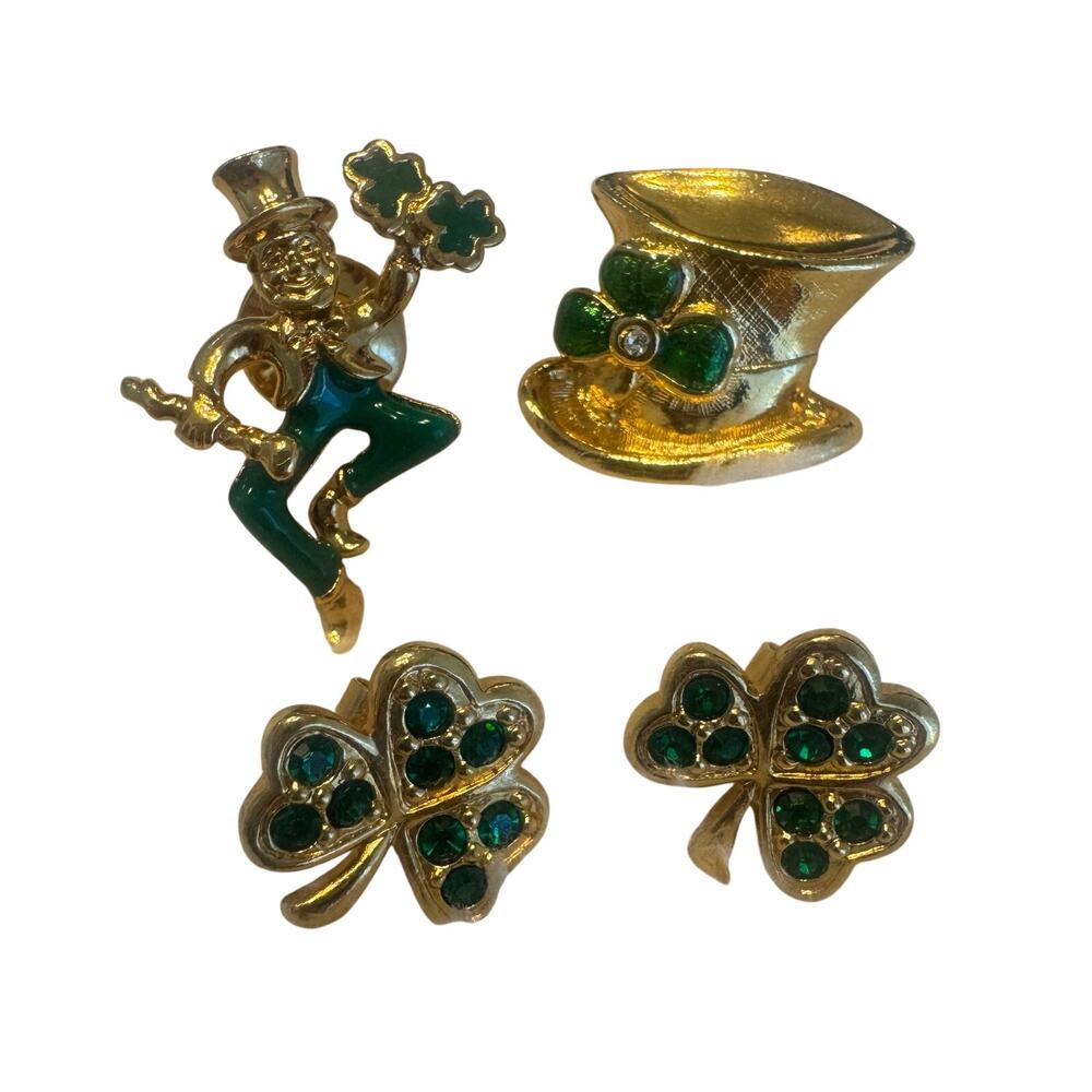 Avon 3PC Gold St. Patrick's Day Jewelry Set, 2 Pins, Four Leaf Clover Earrings